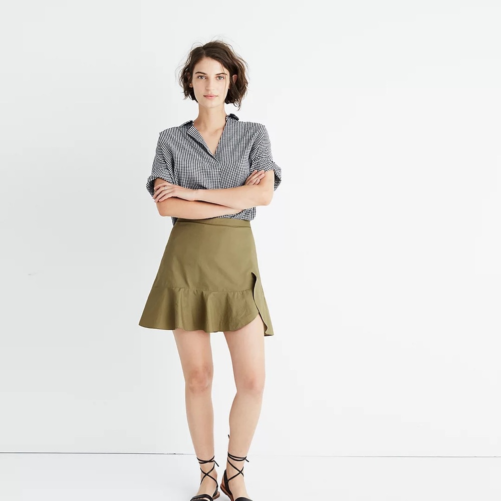 Madewell Ruffle-Wrap Mini Skirt in Expat Olive